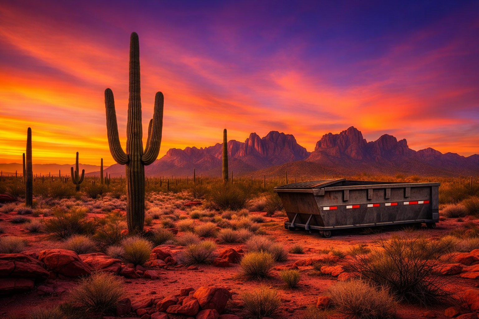 Heavy-duty pickup truck with roll-off dumpster trailer in a Phoenix Arizona residential driveway at sunset